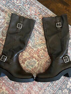Zara Dark Brown Leather Combat Boots with Buckles